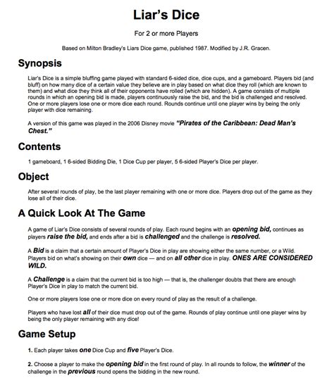 Liar's Dice Rules .